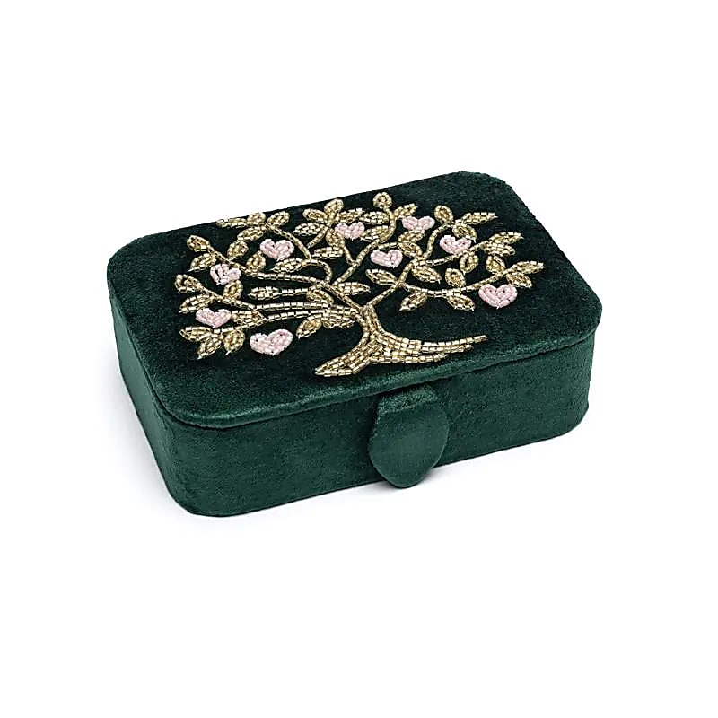 Coffret à bijoux / tarot velours vert avec Arbre de Vie et cœurs -- 11x15,5x5 cm