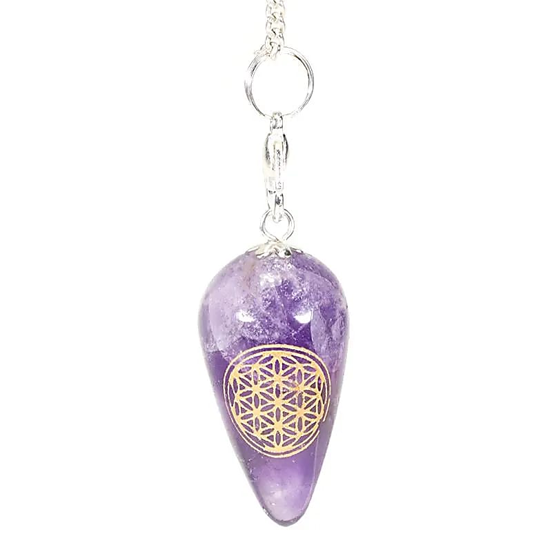 Pendule Améthyste forme de goutte avec Fleur de Vie -- 13 g