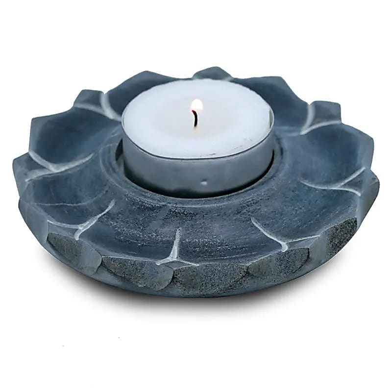 Bougeoir/brûle encens lotus en pierre ollaire gris -- 10 cm
