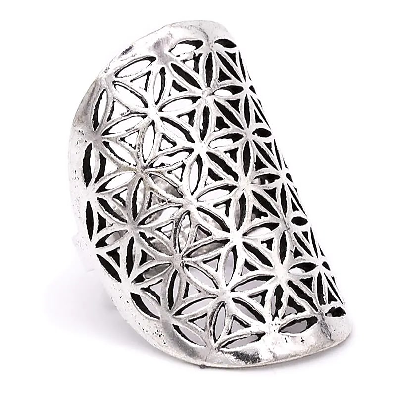 Bague fleur de vie en laiton couleur argent -- 3x2 cm