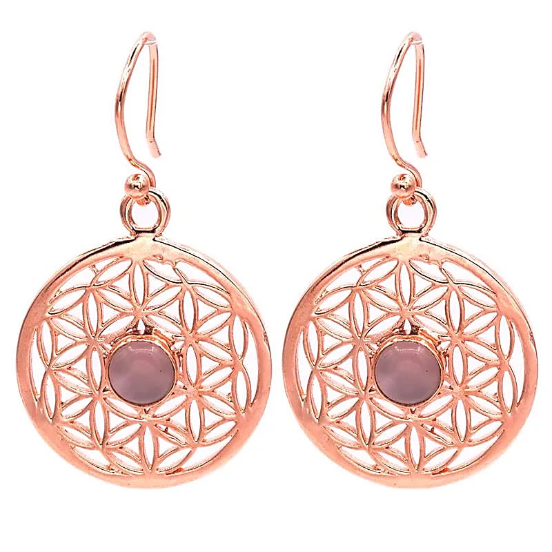 Boucles d'oreilles fleur de vie avec du Quarz rose -- 2.5 cm