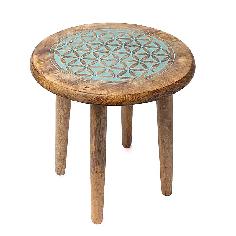 Table d'appoint impression bleue Fleur de Vie bois de manguier -- 30x30x31 cm