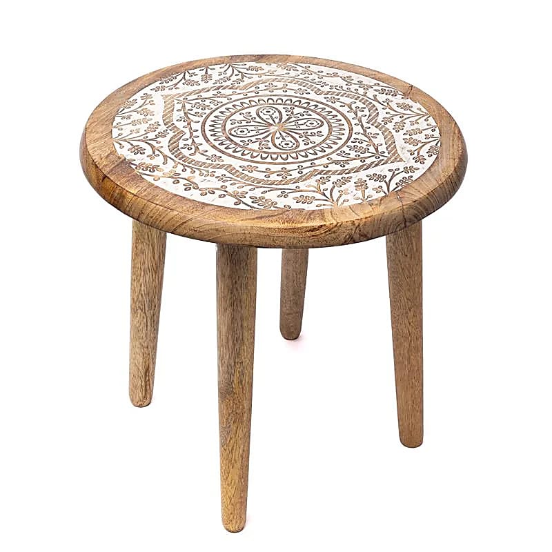 Table d'appoint impression blanche Fleur de Vie bois de manguier -- 30x30x31 cm impression mandala bois de manguier -- 30x30x31 cm