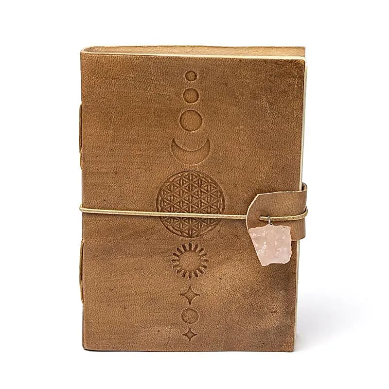 Carnet Fleur de Vie avec quartz rose et couverture en similicuir -- 250 g; 18x13 cm