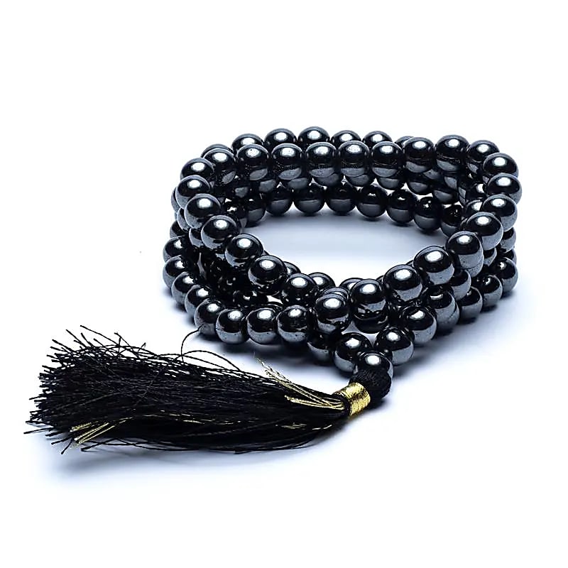 Mala 108 perles hématite qual. AA + sac brocart -- 0.7 cm