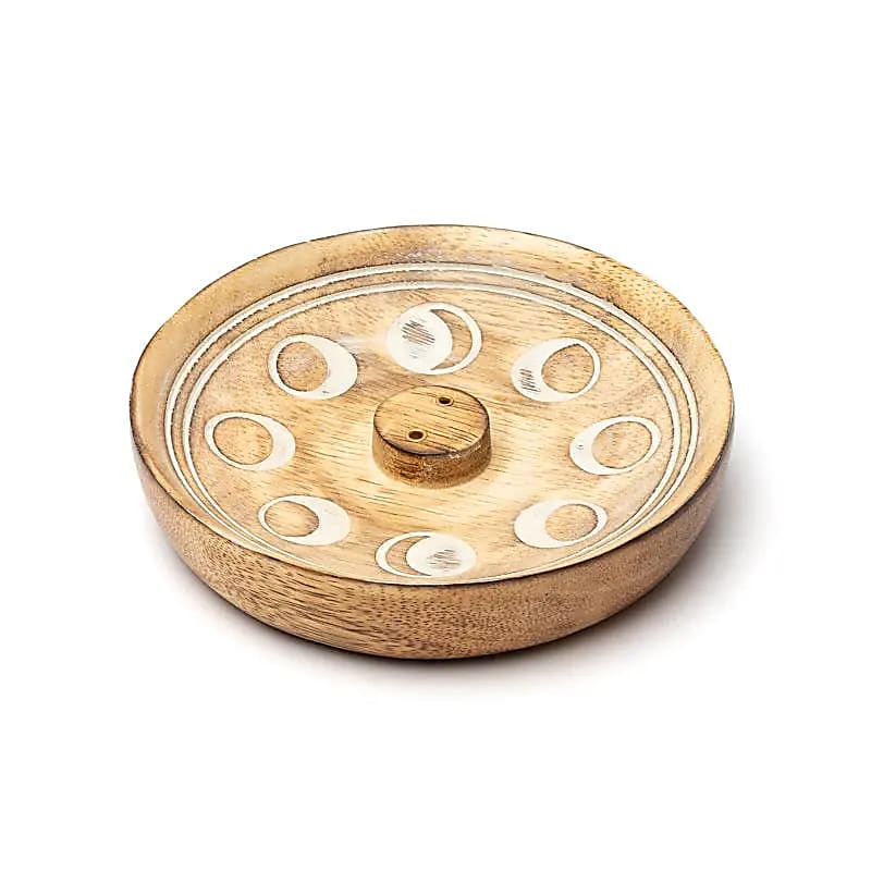 Brûleur d’encens phases de la lune bois de manguier -- 12.5x12.5x2.5 cm