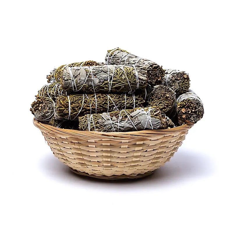 Sauge blanche smudge Genévrier S - 24 dans un panier -- ±11x3,5 cm ; ±30-40g