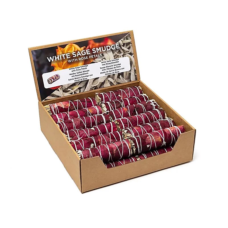 Smudge de Sauge Blanche avec pétales de rose S par 24 en présentoir -- ±10–11 cm; ±25–35 g