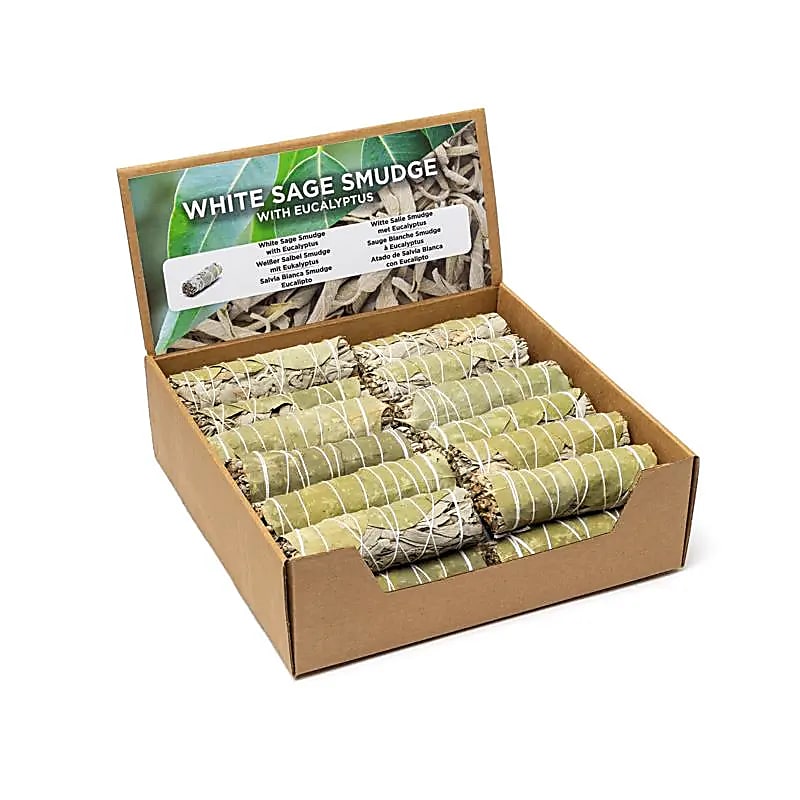 Smudge de Sauge Blanche avec eucalyptus S par 24 en présentoir -- ±10–11 cm; ±25–35 g