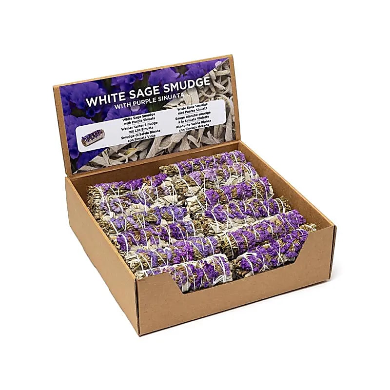 Smudge de Sauge Blanche avec sinuata violette par 24 en présentoir -- ±11×3,5 cm; ±30–40 g