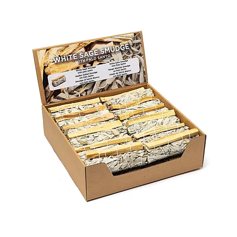 Smudge de Sauge Blanche avec Palo Santo par 24 en présentoir -- ±11×3,5 cm; ±30–40 g