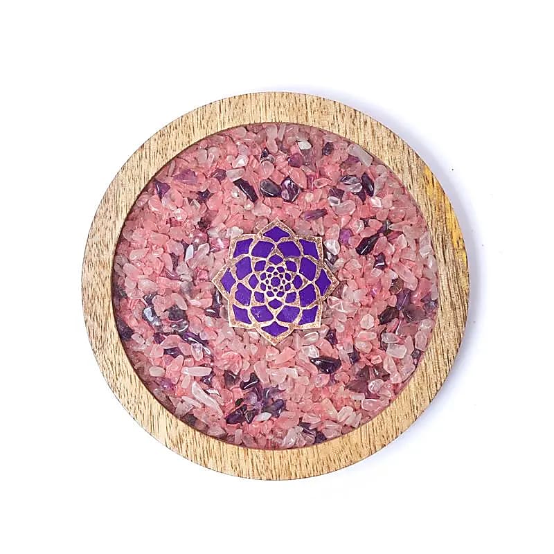 Sous-verre bois Lotus, quartz rose & améthyste -- 10cm