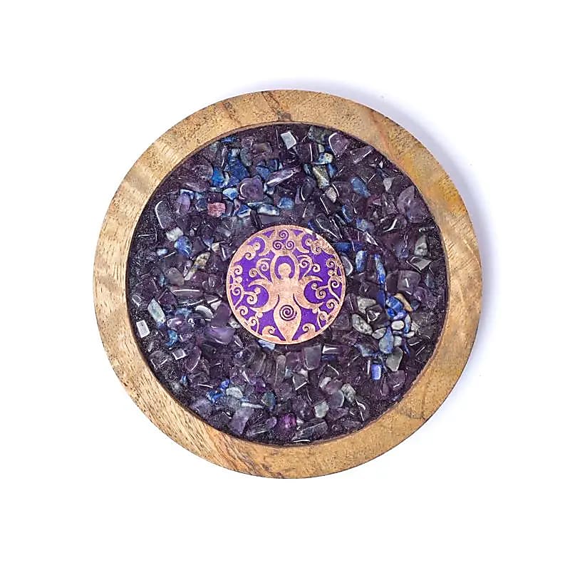 Dessous de verre bois Déesse, améthyste et lapis lazuli -- 10cm