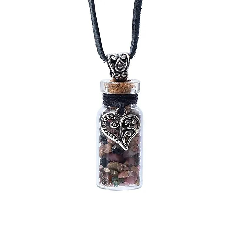 Fiole cadeau en verre sur corde tourmaline et coeur -- 3,6 cm