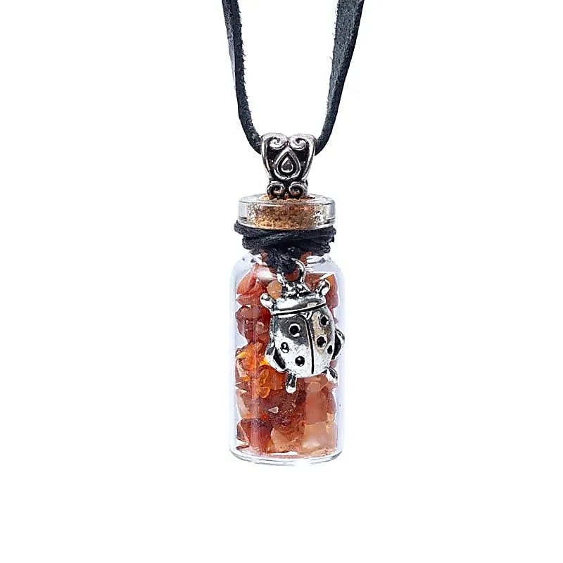 Fiole cadeau en verre sur corde cornaline et coccinelle -- 3,6 cm