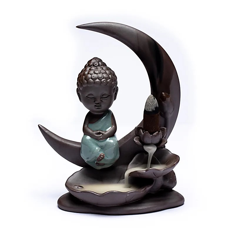 Brûleur d'encens à refoulement Bouddha Lune -- 16,5x13x6cm