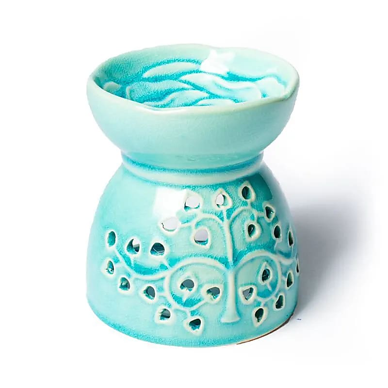 Brûleur à huile Arbre de Vie céramique turquoise -- 11x9.5 cm
