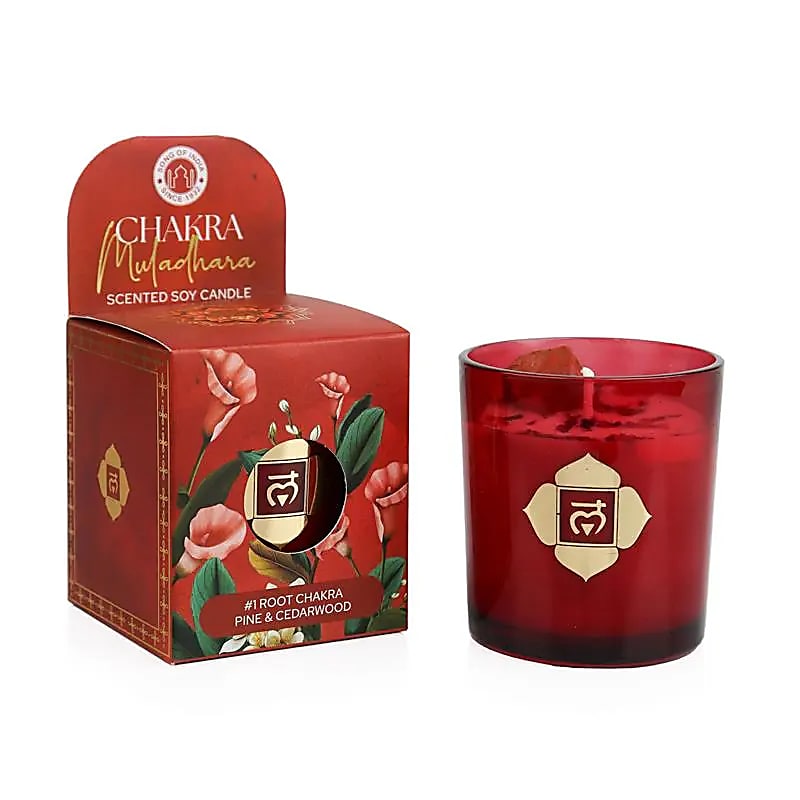 Bougie parfumée en cire de soja chakra Muladhara pin & bois de cèdre -- 130g