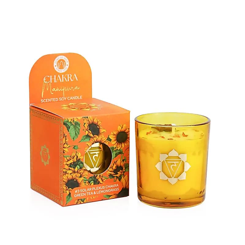 Bougie parfumée en cire de soja chakra Manipura thé vert & citronnelle -- 130g