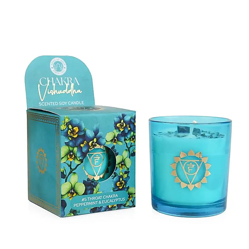 Bougie parfumée en cire de soja chakra Vishuddha menthe poivrée & eucalyptus -- 130g