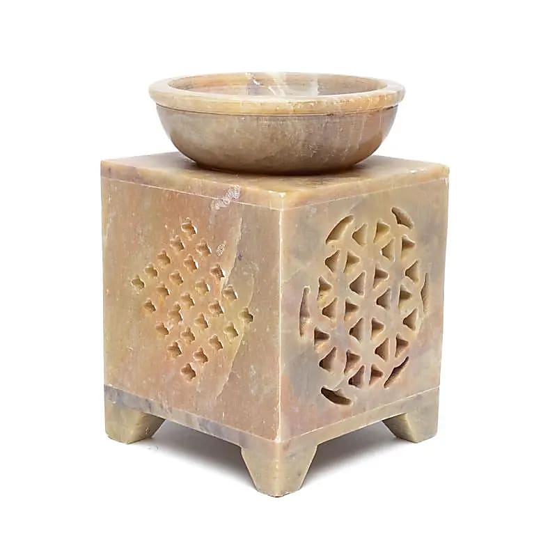 Brûle-encens et brûleur d’huile Fleur de Vie stéatite -- 12x7.5x7.5 cm
