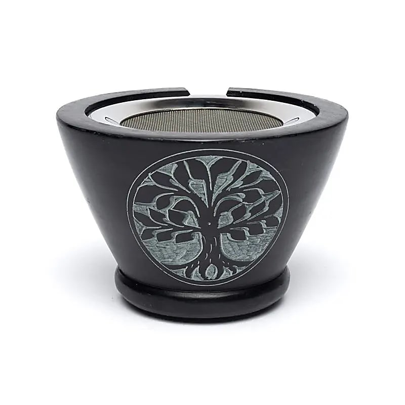 Brûleur d’encens en stéatite noir Arbre de Vie avec tamis -- 7x13 cm