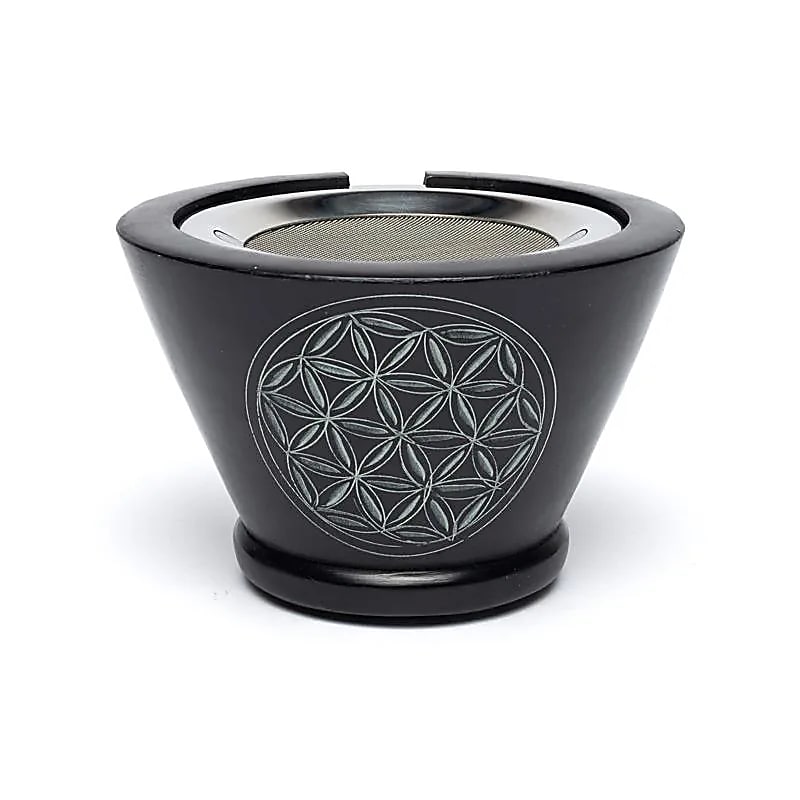 Brûleur d’encens en stéatite noir Fleur de Vie avec tamis -- 7x13 cm