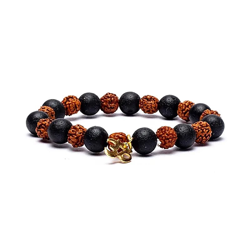 Bracelet Rudraksha/Pierre de lave avec Om - élastiqué  -- 0.8cm;9cm