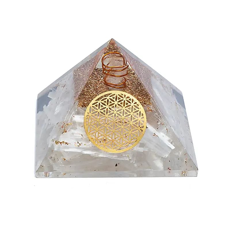 Orgonite Pyramide sélénite fleur de vie -- 7x7x6 cm