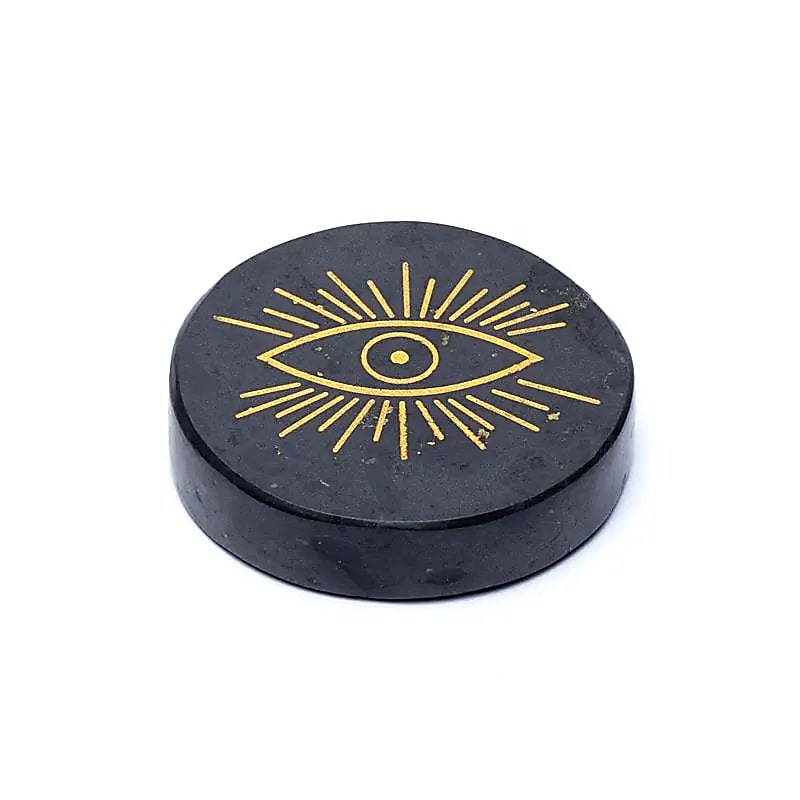 Disque minéral gravé tourmaline noire oeil qui voit tout -- ±5cm