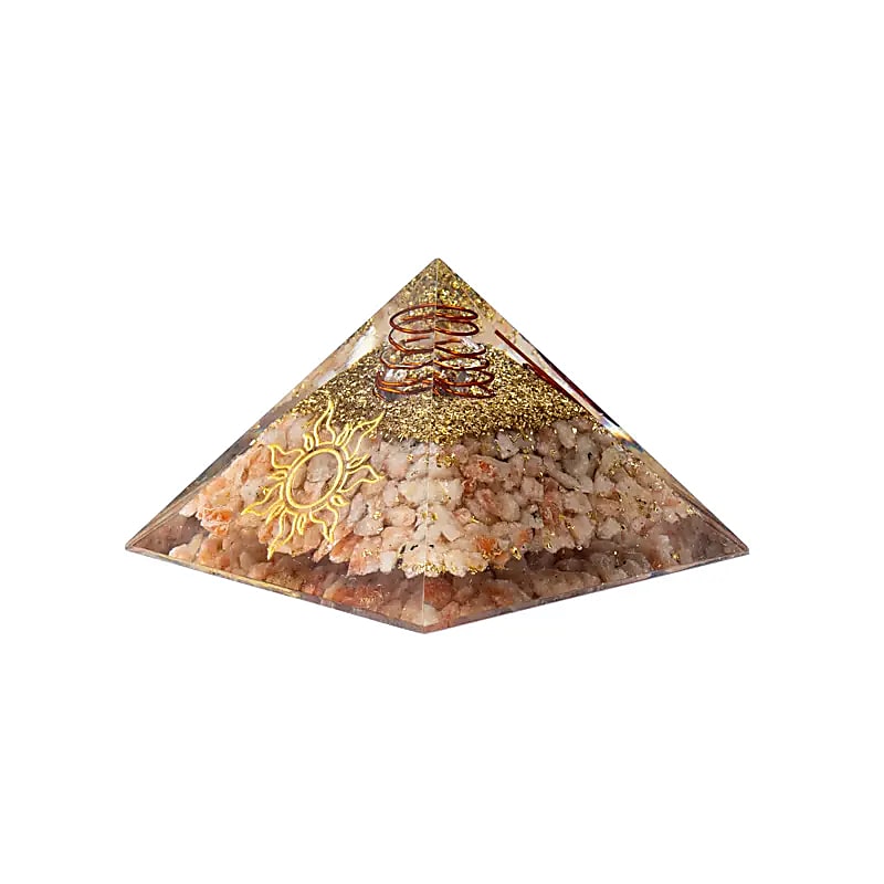 Pyramide d'orgonite pierre du soleil et symbole solaire -- 7,5x7,5x5cm