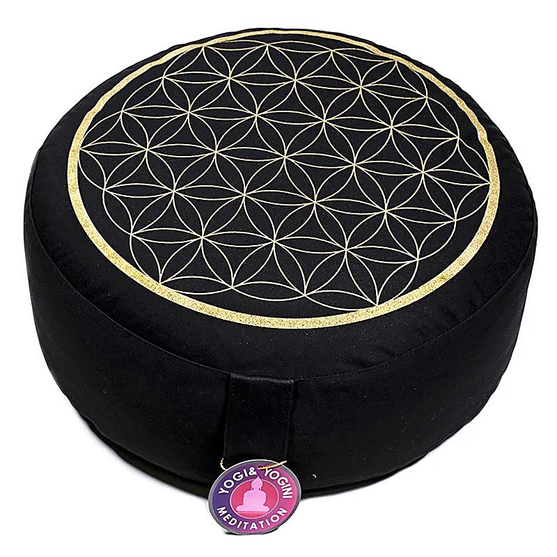 Coussin méditation Fleur de Vie noir et or -- 33x17 cm