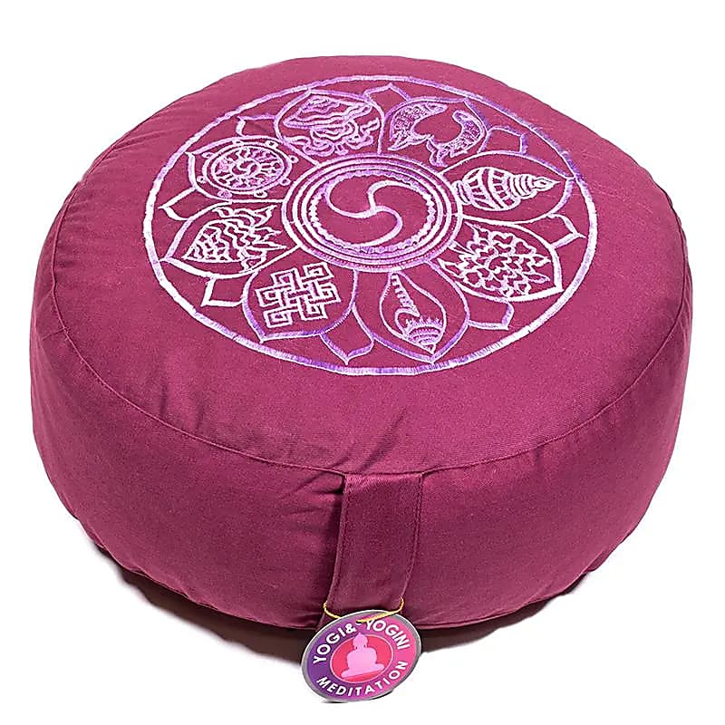 Coussin méditation Aubergine clair signes auspicieux -- 33x17 cm