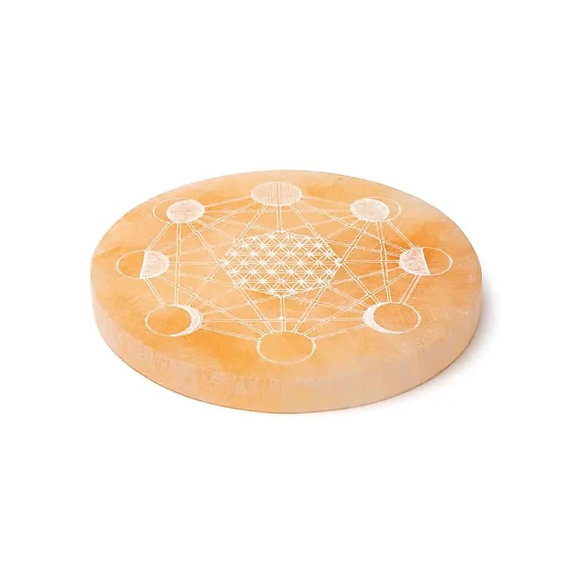 Assiette ronde gravée couleur pêche en sélénite -- ±12cm