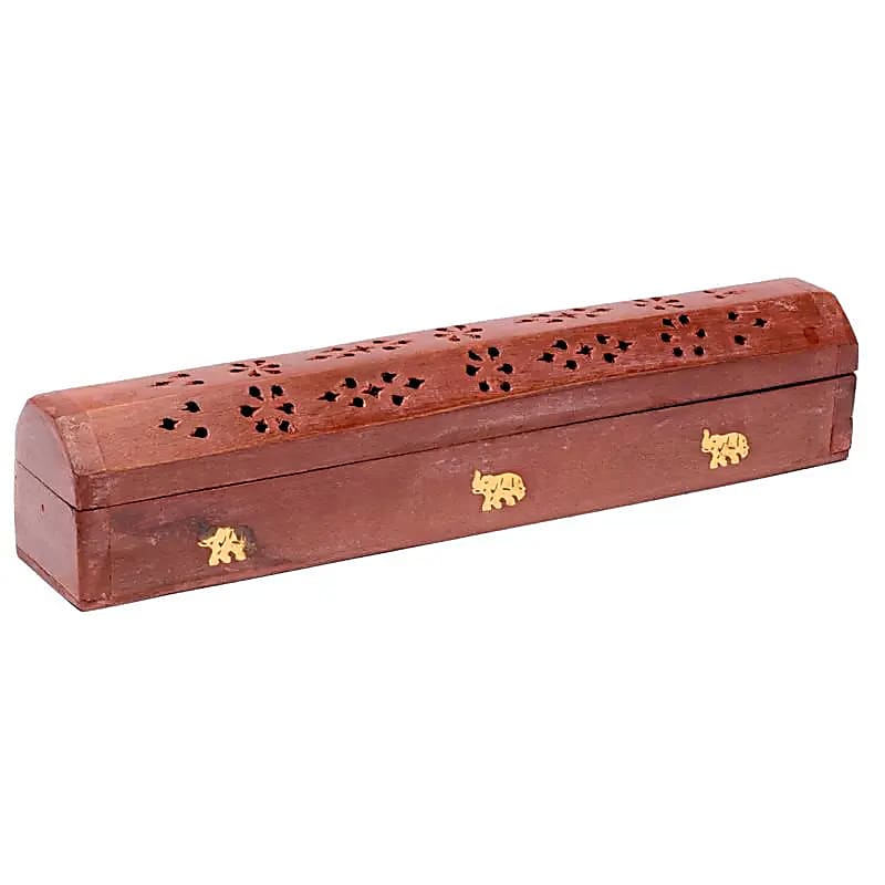 Boîte brûle encens en bois et éléphants métal -- 30 cm