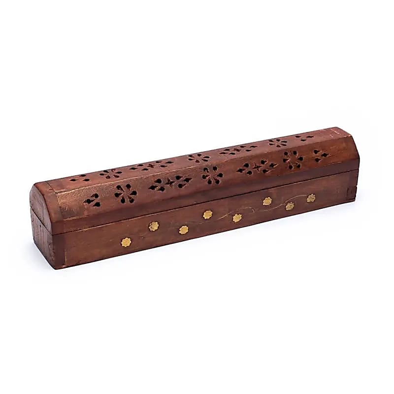 Boîte brûle encens en bois sculpté fleurs -- 30 cm