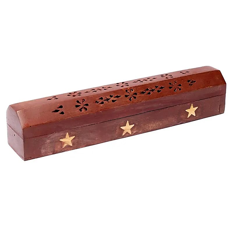 Boîte brûle encens en bois sculpté + étoiles -- 30 cm