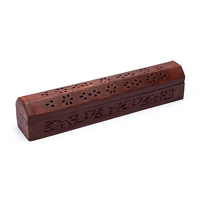 Boîte brûle encens en bois sculpté fleurs -- 30 cm