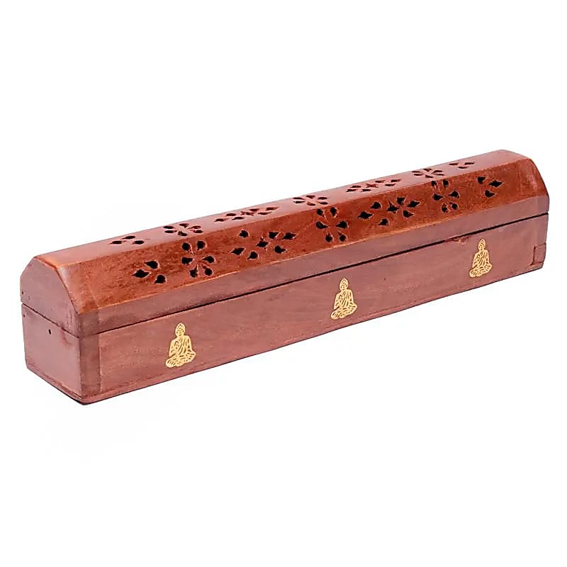 Boîte brûle encens en bois avec Bouddha en métal -- 30 cm