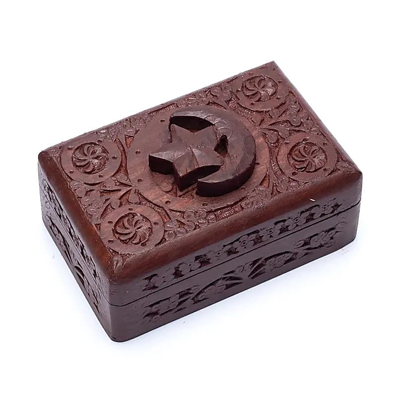 Boîte tarots étoile et lune bois sculpté -- 15x10 cm