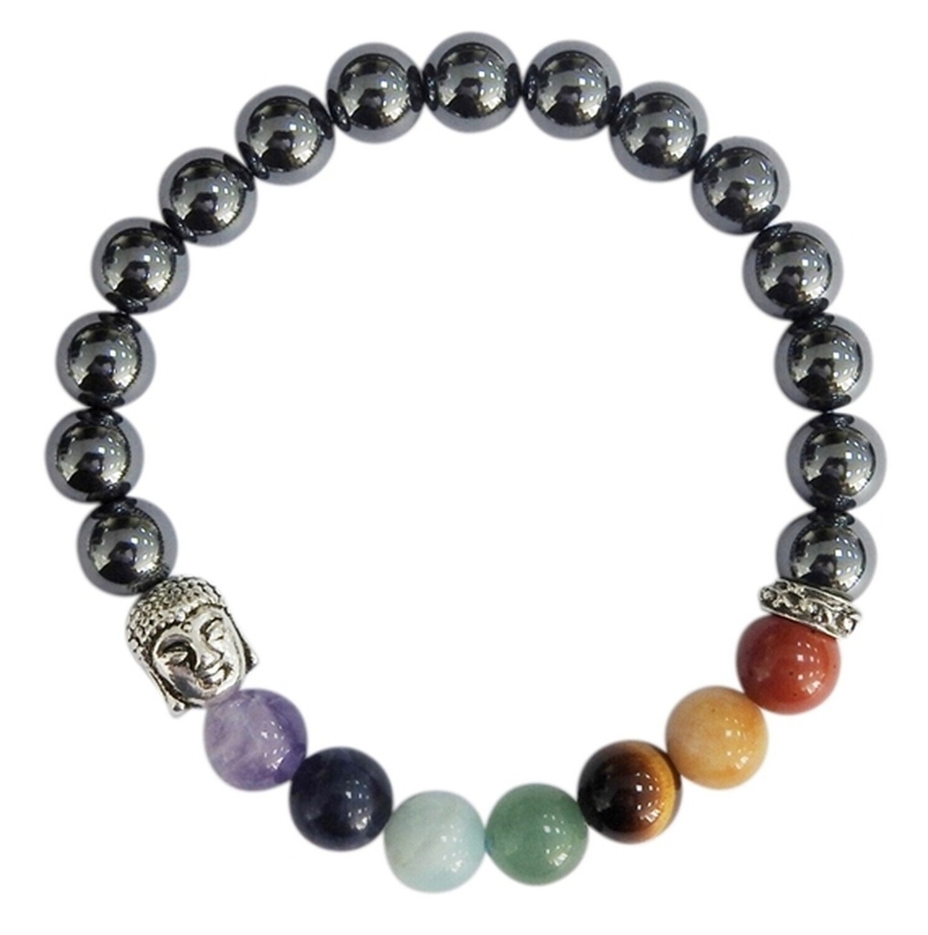 Bracelet 7 Chakras Hématite Perles rondes 8 mm Bouddha