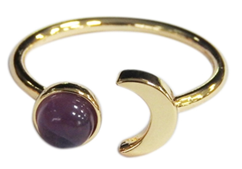 Bague Améthyste Perle 6 mm et Lune Métal doré Ajustable